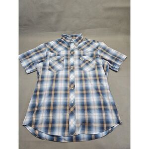 Wrangler Western Fashion Shirt Mens Medium Blue Plaid Pearl‎ Snap Short Sleeve